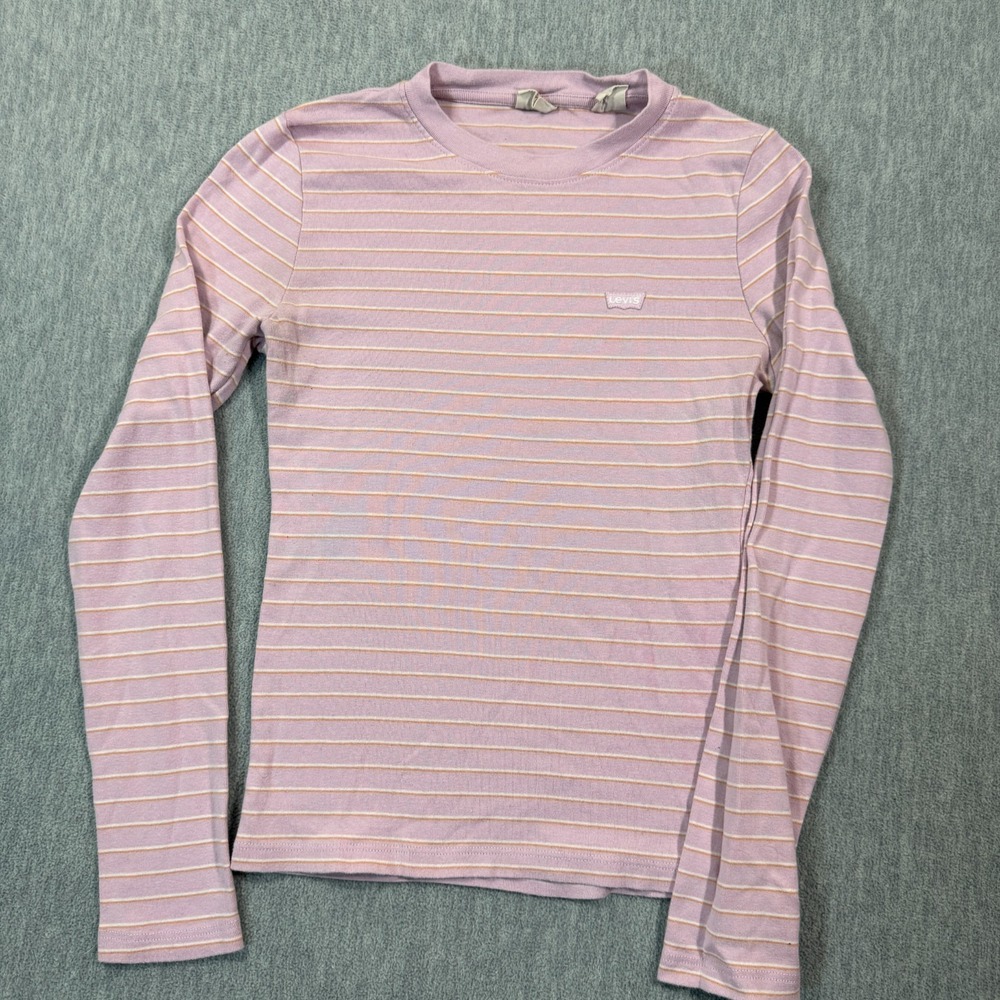 Levi's Top Womens XS Pink Striped Ribbed Long Sleeve Crew Neck‎ T-Shirt Logo Tag